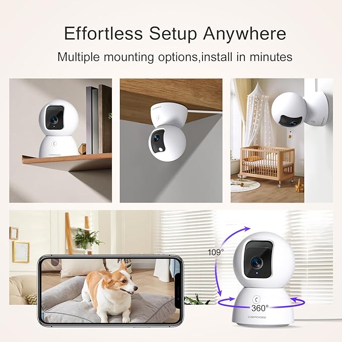 5G Security Camera Indoor 2-Pack, No-Monthly-Fee AI Tracking Facial Recognition, 3K Pet/Dog Camera with Speaker/Phone App, PTZ WiFi Baby Monitor Cameras for Home Security, 0-Glow Night Vision