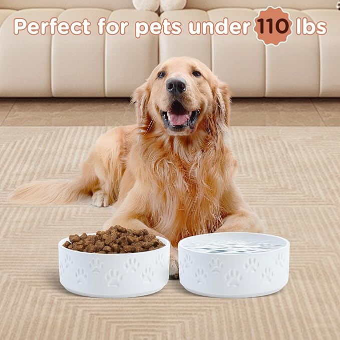 SPUNKYJUNKY Ceramic Dog Bowls 2 Pack, 8.3'' Dog Food Water Double Feeding Bowls Non-Slip for Medium to Large Sized Breed Microwave Dishwasher Safe - 60 OZ, 2pcs, Paw White