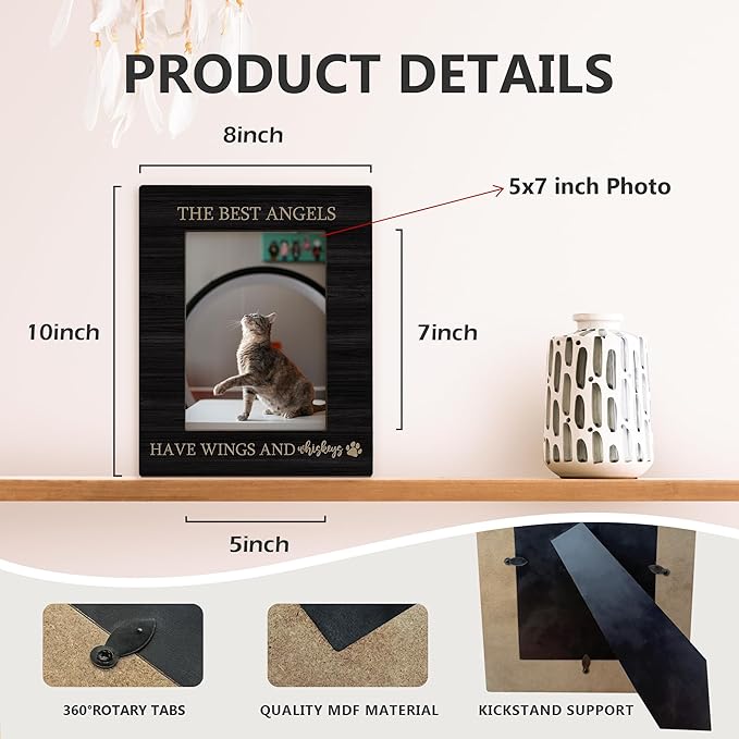 Cat Memorial Gifts Picture Frame 5x7, Black Pet Memorial Photo Frame, Cat Memorial Gifts for Loss of Cat, The Best Angels Have Wings Wooden Picture Photo Frames for Desk Home Room Decor