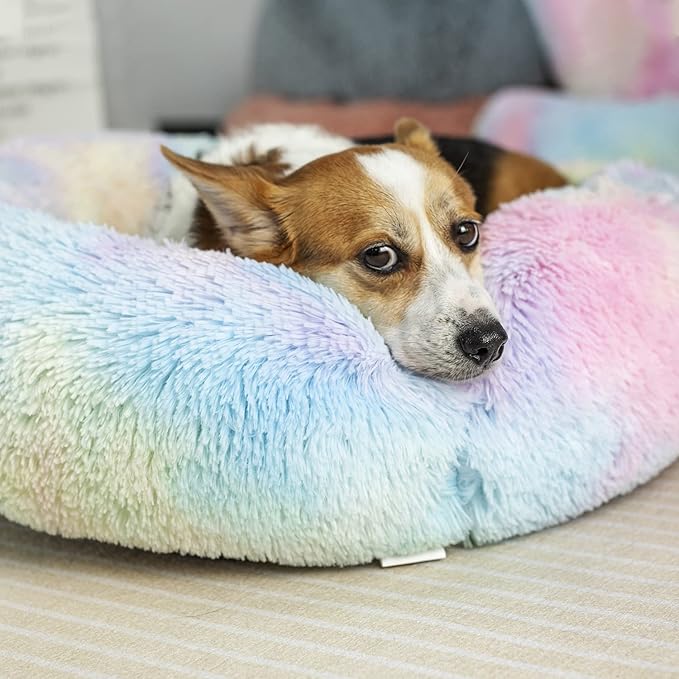 Anti Anxiety Round Fluffy Plush Faux Fur Warm Washable Dog Bed & Cat Bed, Original Bed for Small Medium Large Pets,Used to Relieve Joints and Improve Sleep(20"/24"/27'') (24", Rainbow)