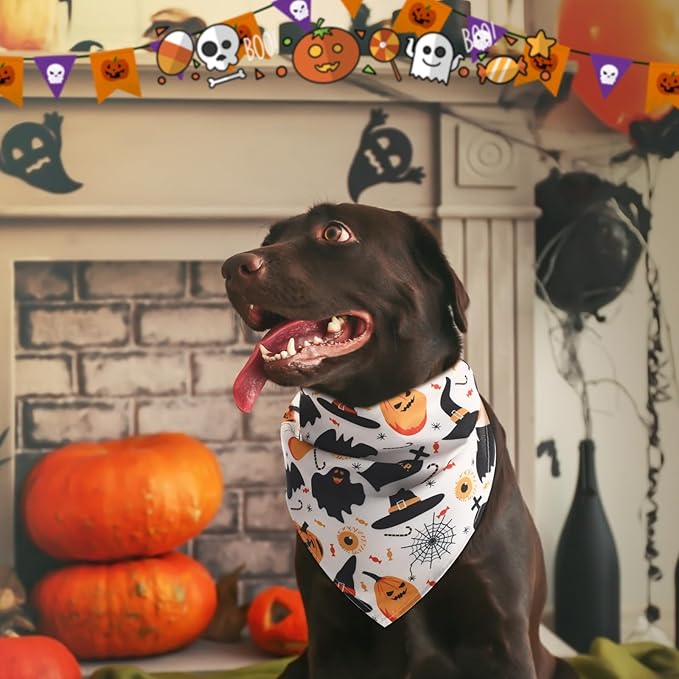 Abbylike 50 Pcs Dog Bandanas Bulk Pet Scarfs Triangle Bibs Adjustable Washable Puppy Kerchief Seasonal Pet Costume Accessories Grooming Supplies for Small Medium Large Dogs Cats (Halloween)