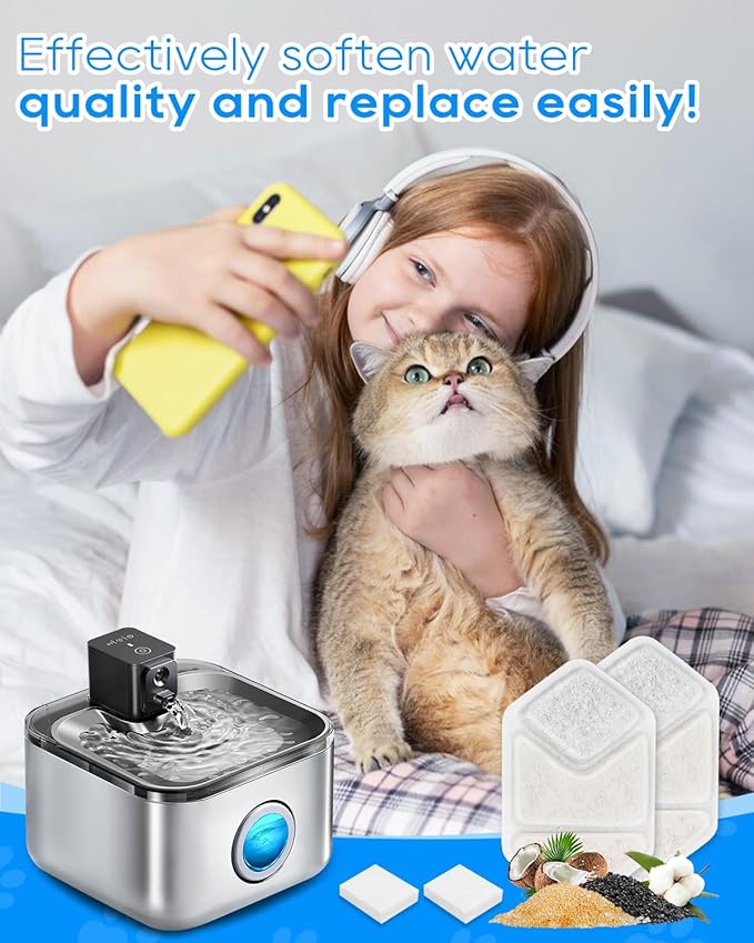 Cat Water Fountain filter Replacement Compatible with Speedeer Wireless Cat Water Fountain Stainless Steel Filters 135oz/4L ZTI0506, Multi-Layer Filtration System, 8+8 Pack