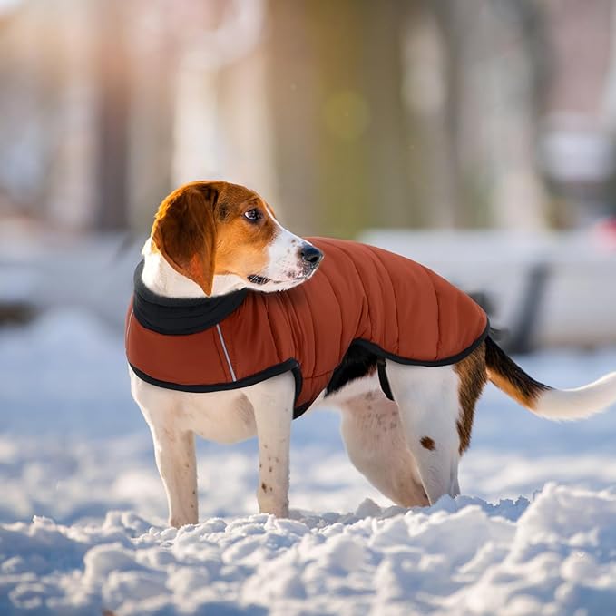 IDOMIK Dog Winter Coat, Warm Waterproof Dog Puffer Jacket with Harness Hole, Adjustable Reflective Snow Jacket Vest with Turtleneck, Pet Cold Weather Coats for Small Dogs,Caramel,XS