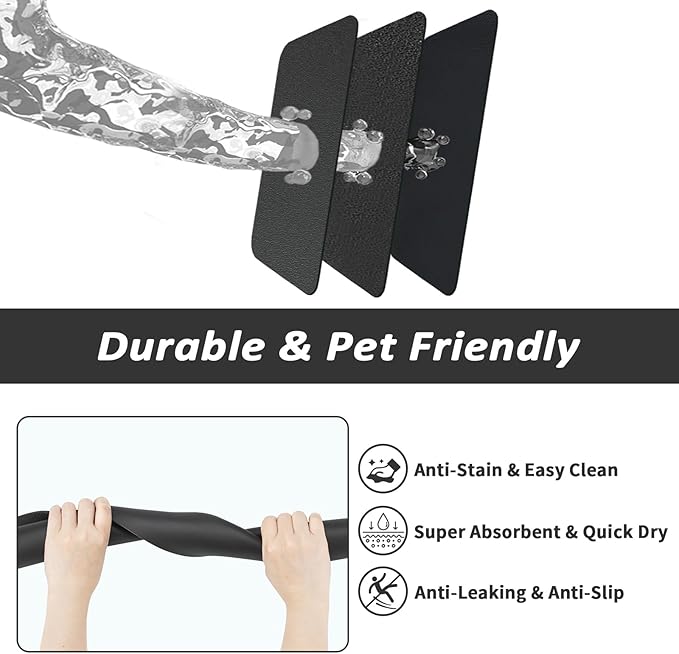 Pet Feeding Mat - Absorbent Dog Mat for Food and Water, No Stains Cat Bowl Mat, Easy to Clean Pet Placemats, Quick Dry Dog Water Dispenser Mat for Messy Drinkers | Black 18"x 28"