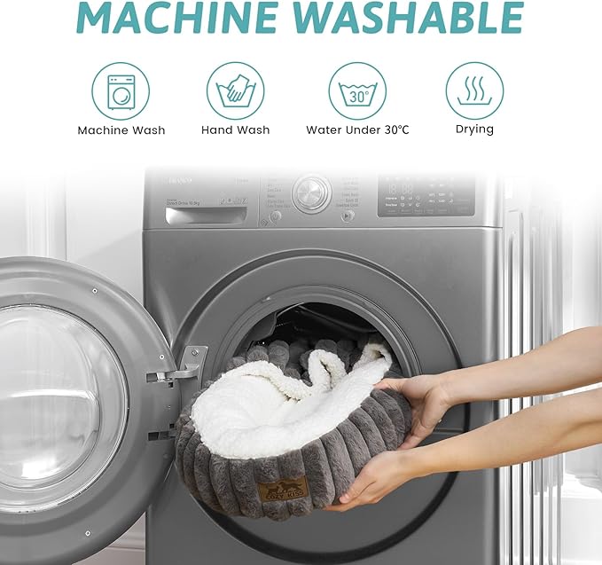 Cat Bed with Hooded Blanket, Round Fluffy Anti-Anxiety Pet Bed for Cats/Small Dogs, Cozy Donut Cuddler with Machine Washable Faux Fur & Anti-Slip Bottom(23"×23"×6",Grey)