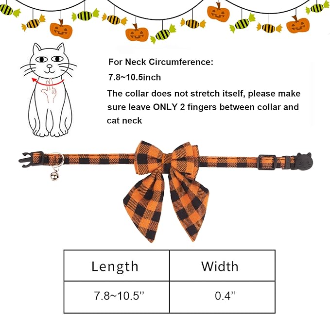 ADOGGYGO Halloween Cat Collars with Removable Bow Bell, 2 Pack Orange Purple Plaid Halloween Bowtie Collar for Cats Kittens