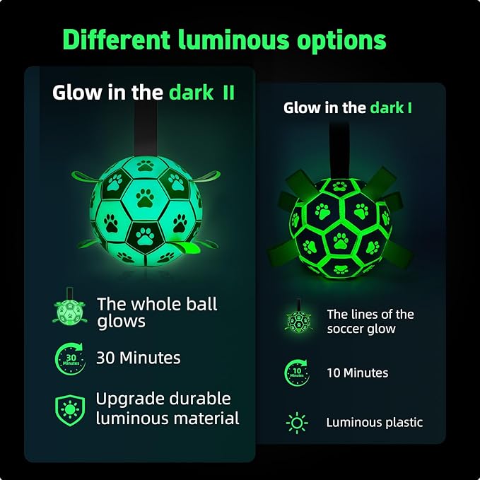 QDAN Premium Glow in The Dark Dog Toys, Dog Ball with Straps, Soccer Ball for Dogs, Outdoor Dog Toys, Pet Birthday Toys, Puppy Essentials for Medium to Large (8Inch)