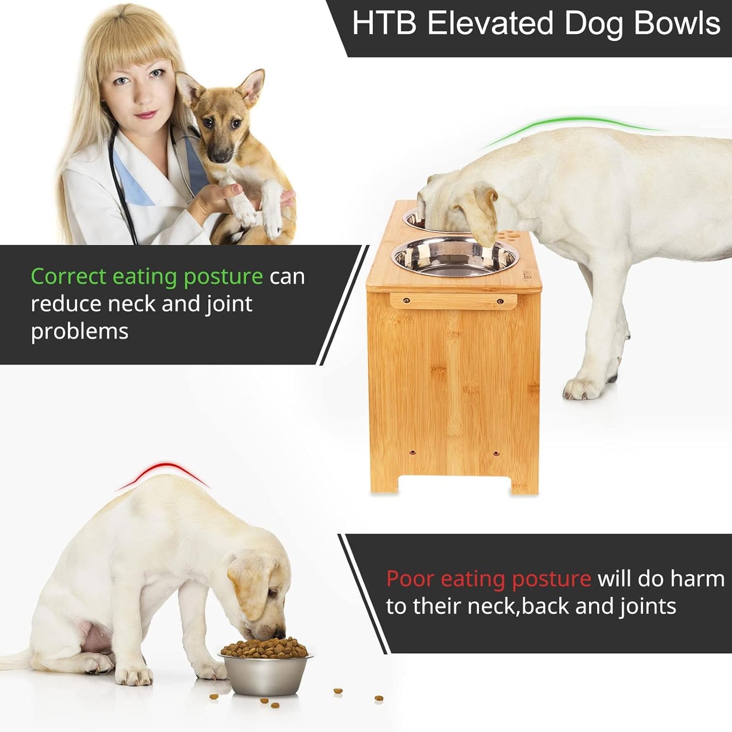 HTB Elevated Dog Bowls,Raised Dog Bowl Stand with 2 Stainless Steel Bowls,Elevated Raised DogBowls for Large Medium Small Sized Dogs