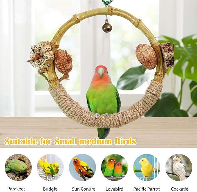 Circle Bird Swing with Bell,Bamboo Parakeet Rope Perches for Cage Ring Bird Swings Chewings Nuts Toys for Parrots Cockatiels Lovebirds Budgie