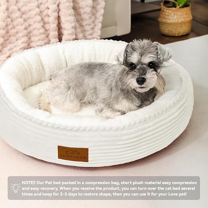 20in Cream Round Cat Dog Bed Gift for Large Medium Small Dogs Cats, Machine Washable Sleeping Sofa, Non-Slip Bottom Breathable Soft Calming Pet Cuddler for Indoor/Outdoor/Car/Cage
