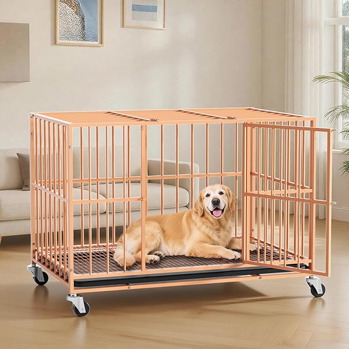 48 in Orange Heavy Duty Dog Crate Steel Escape Proof, Indoor Double Doors and Lockable Wheels,Removable Tray, for Medium and Large Large Dog Breeds,XL,XXL