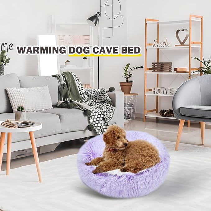 Cat Bed for Indoor Cats, Calming Cozy Cave with Self-Warming Plush, Entire Bed Machine Washable & Anti-Slip Base, Breathable Pet Bed for Small Cats&Dogs All Seasons (Purple, 24 * 24inch)