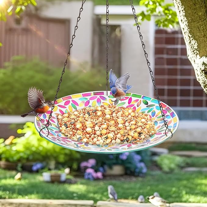 MUMTOP Mosaic Hanging Bird Bath-Bird Baths for Outdoors - 12 Inch Glass Birdbath Bird Water Bowl Bird Feeders for Outside, Garden, Lawn Yard Decor(Colorful Flower)