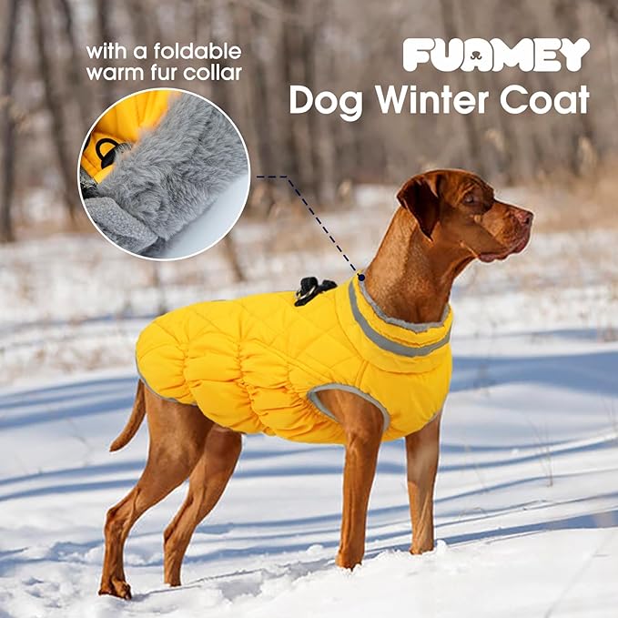 FUAMEY Dog Coat for Medium Dogs,Waterproof Dog Winter Jacket with Harness Built in Puppy Cold Weather Coats Reflective Pet Vest with Zipper Warm Fleece Dogs Snowsuit Windproof Yellow M