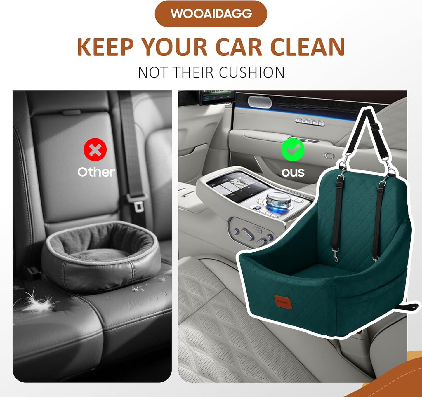 Dog Car Seat for Medium Dogs, Pet Travel Bed with Seat Belt Channel, Fully Detachable and Washable, 3 Straps Easy to Install (Green)