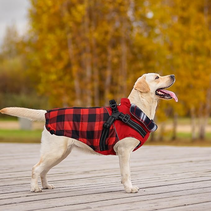 Dog Coat with Harness,Small Dog Winter Coat,Doggie Jackets with Built in Harness,Adjustable Warm Jacket for Medium Large Dogs,Pet Puppy Cold Weather Coats for Dogs Waterproof (PlaidRed, X-Large)