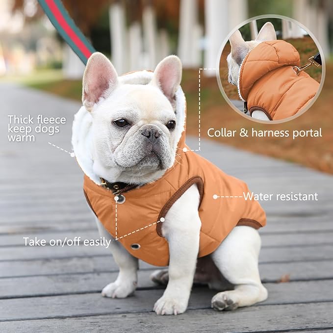 Dog Fleece Hoodie, Windproof Waterproof Dog Coat, Winter Warm Dogs Jacket, Cold Weather Pet Apparel Clothes Vest for Small Dogs Khaki, XS