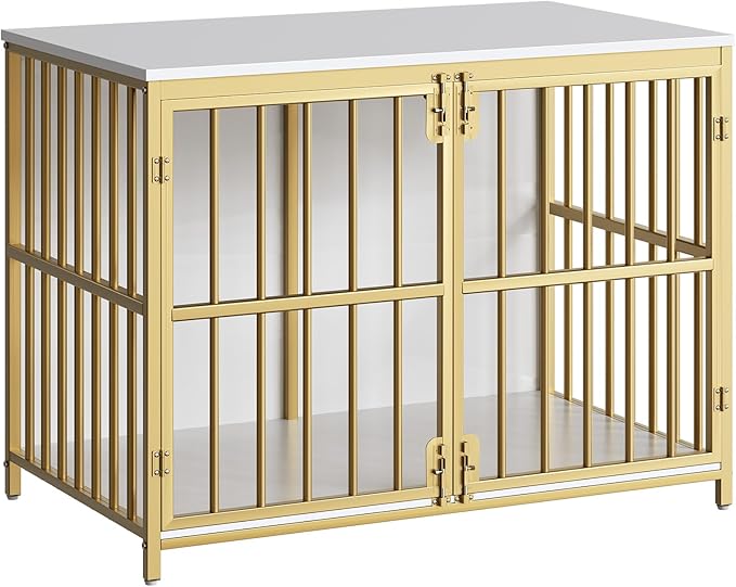 HOOBRO 38.6" Dog Crate Furniture, Wooden Dog Kennel Indoor, Heavy Duty Dog Cage for Small/Medium Dog, Decorative Side End Table, White and Gold DW100GW03