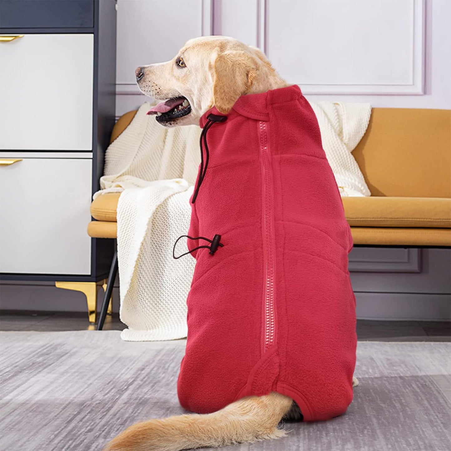 ROZKITCH Dog Winter Coat Soft Fleece Pullover Pajamas, Pet Windproof Warm Cold Weather Jacket Vest Cozy Jumpsuit Apparel Outfit Clothes for Small Medium Large Dog Walking Hiking Sleep Red XL