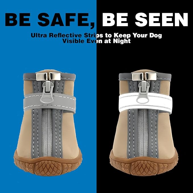 Dog Shoes for Small Dogs, Waterproof Dog Boots Paw Protector for Hot Pavement Winter Snow, Dog Booties with Reflective Strips Rugged Anti-Slip Sole for Hardwood Floors Outdoor Walking Khaki Size 3
