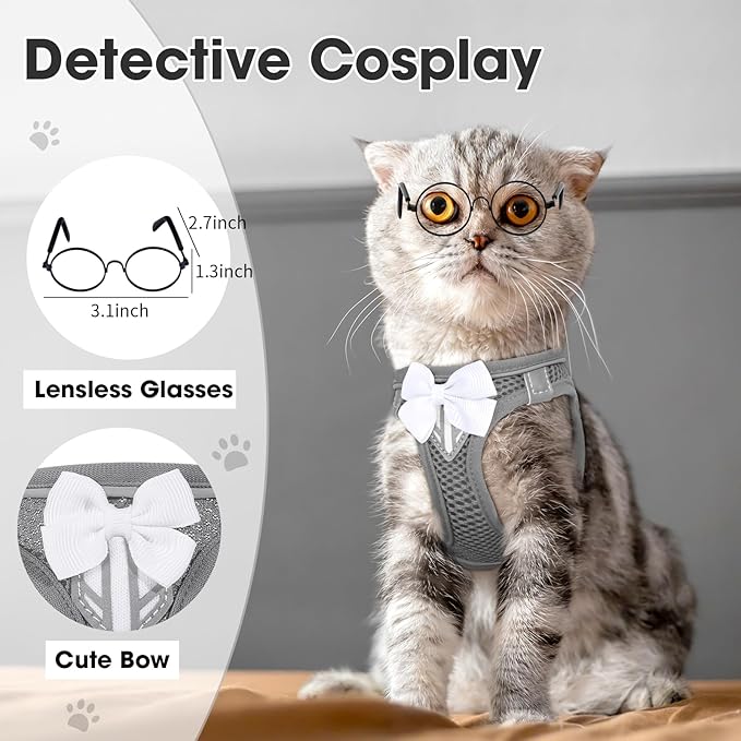 Cat Vest Harness and Leash Set for Walking Escape Proof, Adjustable Kitten Harness Breathable Mesh with Reflective Strips Harness for Kitty Puppy Bunny (Grey,S)