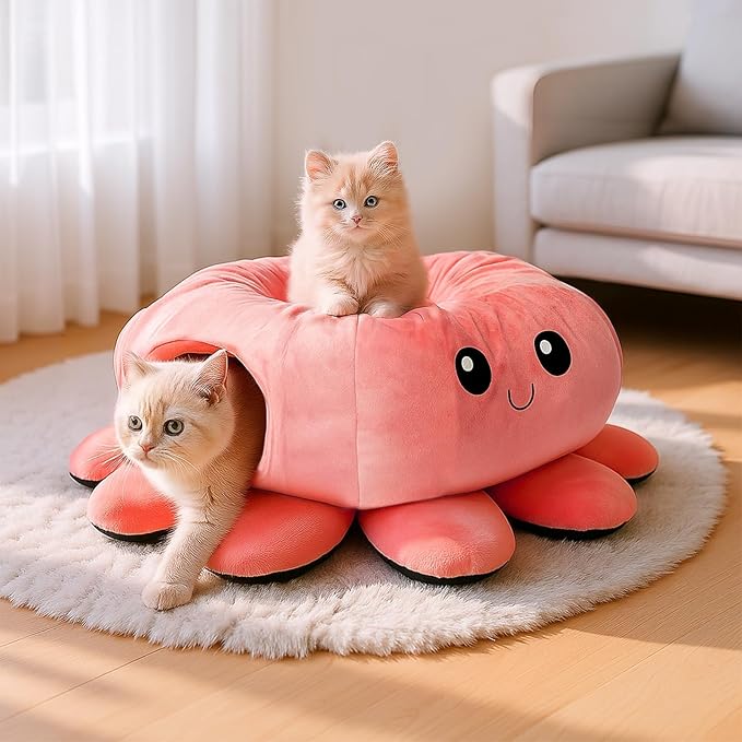 Cat Tunnel Bed for Indoor Cats, Peekaboo Cat Cave Bed,Soft Cat Donut Tunnel for Kitten Large Cats, Cute Pink Octopus Shaped