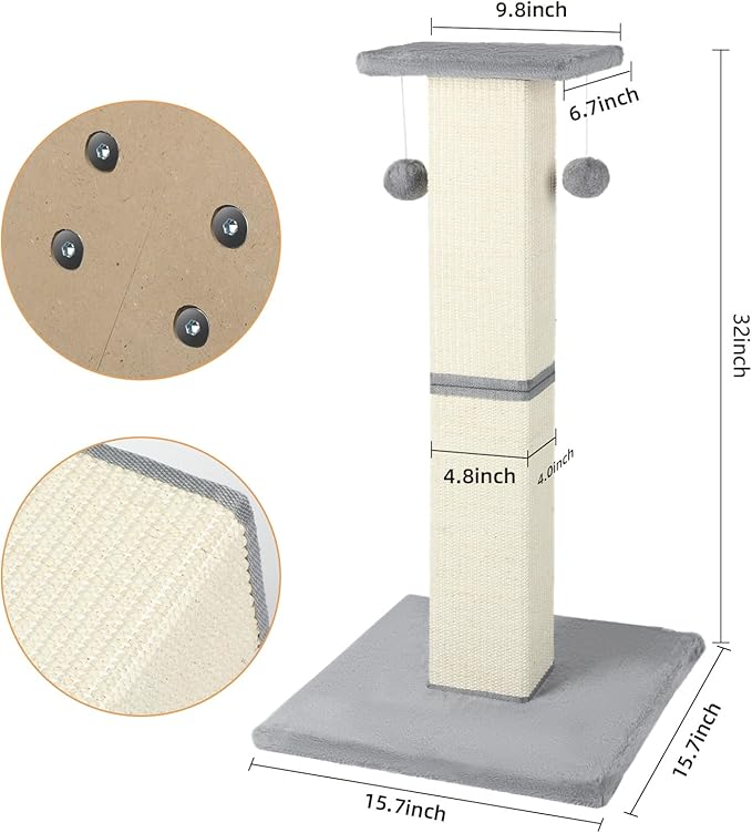 Cat Scratching Post,32 Inch Heavy Duty and Thicker Cat Scratching Post with Jumping Platform,Tall Cat Scratching Posts for Indoor Cats Adults,Wear-Resistant and Non-Scratch(Grey)