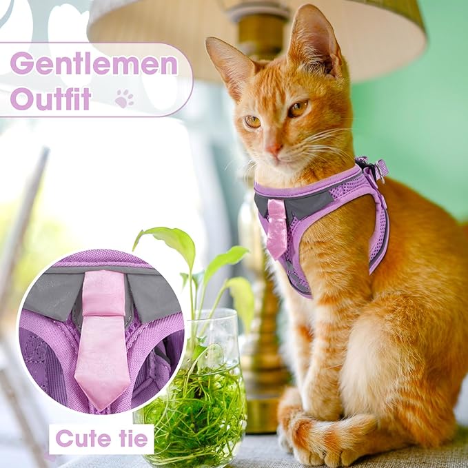 Cat Harness and Leash Set for Walking Escape Proof, Soft Adjustable Kitten Harness Breathable Mesh with Reflective Strips Harness for Kitty Puppy Bunny(Purple,S)