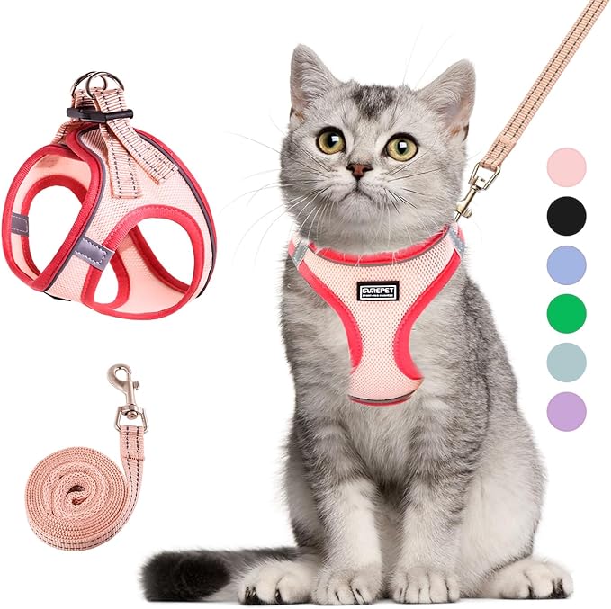 Cat Harness and Leash Set, Soft and Breathable Vest with Reflective Strip, Escape Proof Kitten Harness, Easy to Wear for Cats Walking and Traveling (Pink, S)