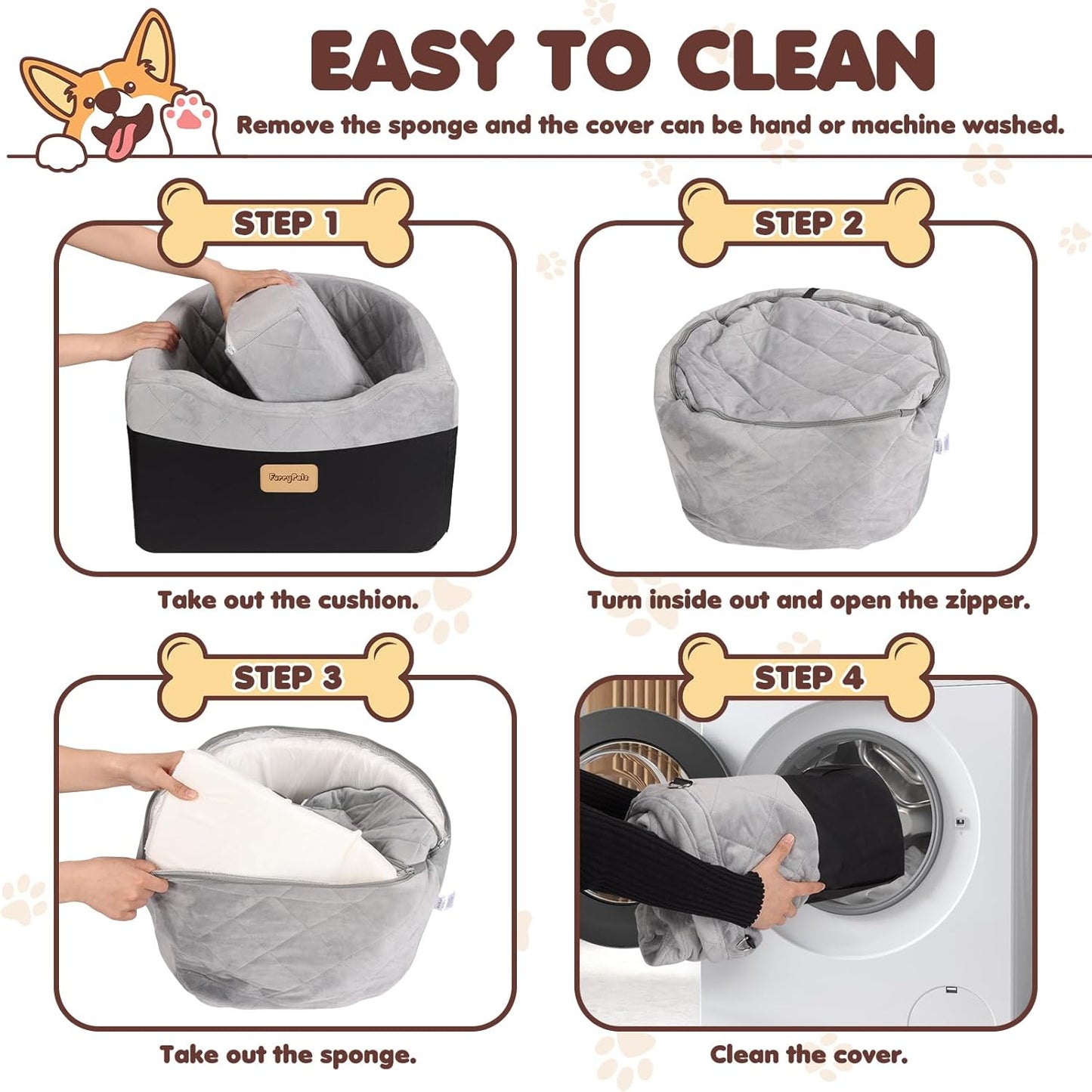 Dog Car Seat for Small/Medium Dogs, Memory Foam Dog Booster Seat with Washable Removable Cover, Storage Pockets and Thick Cushion, Black Part is Waterproof and Abrasion-Resistant