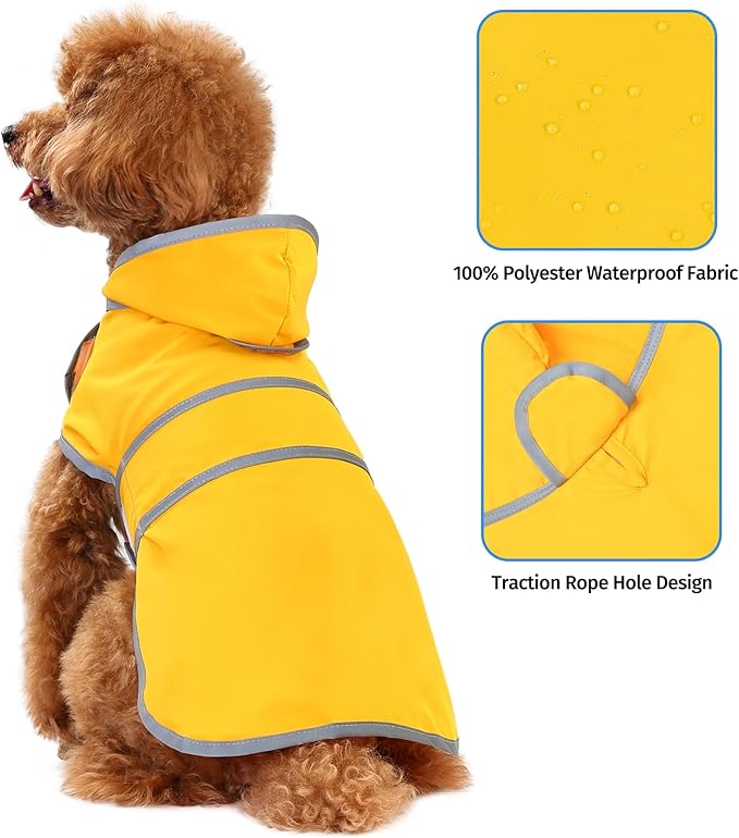 Dog Raincoat for Small Dogs Puppies Waterproof Hooded Rain Jacket with Reflective Strips Leash Hole & Poncho Adjustable Fit (Yellow,S)