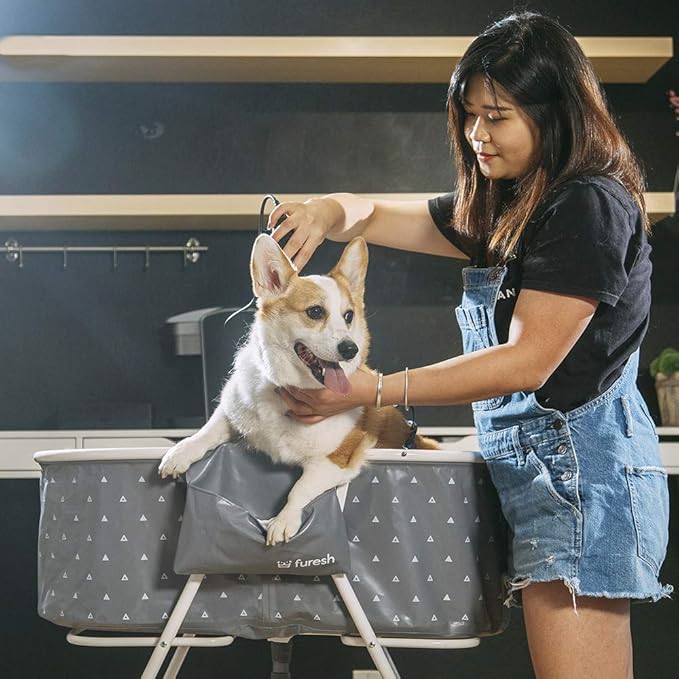 Furesh Little Dipper Dog Bath Tub and Wash Station for Bathing Shower and Grooming, Elevated Foldable and Portable, Indoor and Outdoor, for Small and Medium Size Dogs, Cats and Other Pet (Gray)