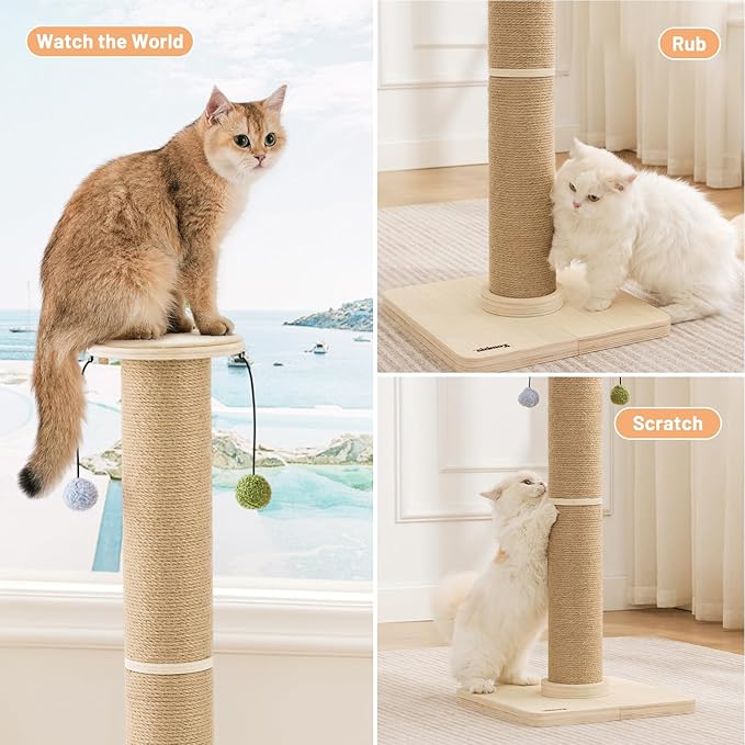 35'' Tall Cat Scratching Post, 4.7'' Large Scratch Post with Thicken Wooden Base for Indoor Cats Adults, Sisal Scratcher Top & Dangling Balls, Super Sturdy