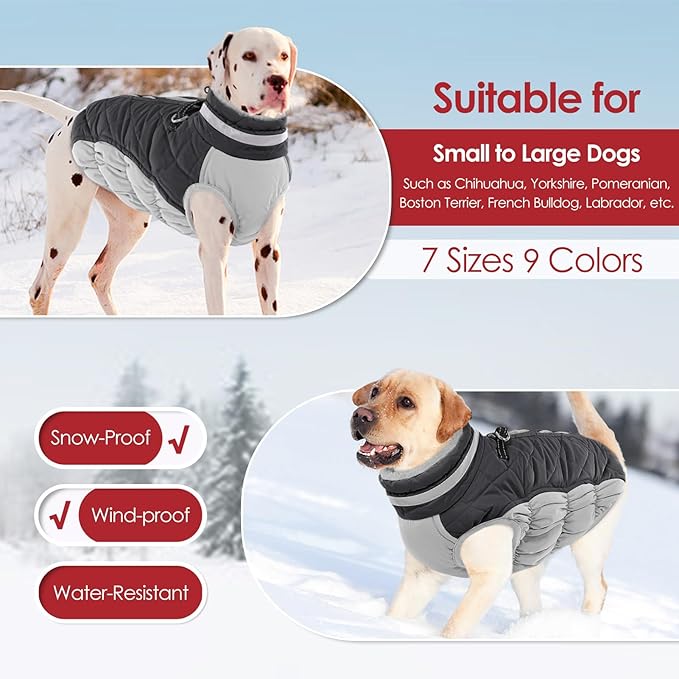 AOFITEE Dog Coat, Warm Dog Winter Coat, Reflective Cold Weather Dogs Puffer Jacket with Harness Built in, Waterproof Pet Fleece Vest Snowsuit for Small Medium Large Dogs, Grey L