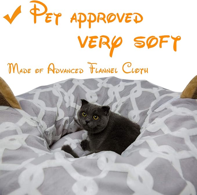 LUCKITTY Large Cat Tunnel Bed Under Christmas Tree with Fluffy Toy Balls, Small Cushion and Flexible Design- 10 inch Diameter, 3 ft Length- Great for Cats, and Small Dogs, Gray Geometric Figure