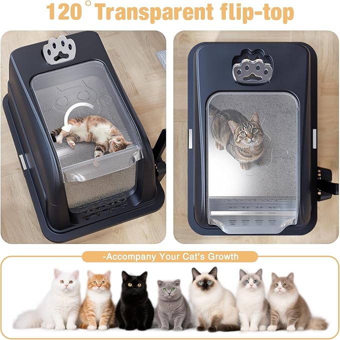 Stainless Steel Cat Litter Box Fully Enclosed, Extra Large Metal High Sided Cat Box with 120° Fully Transparent See-Through Flip Lid, Scoop & Mat - Black - XL