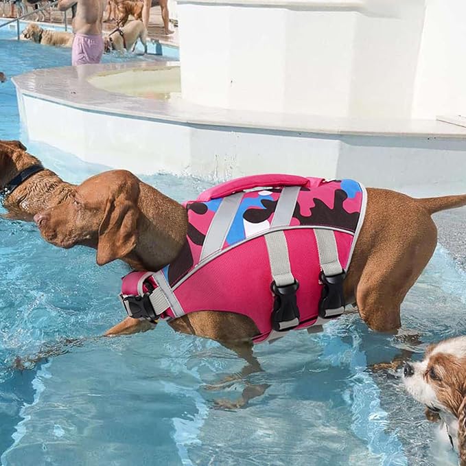 Kuoser Dog Life Jacket with Adjustable High Visibility Stripes - Ripstop Dog Lifesaver Pet Preserver with High Flotation Swimsuit for Small to Large Dogs