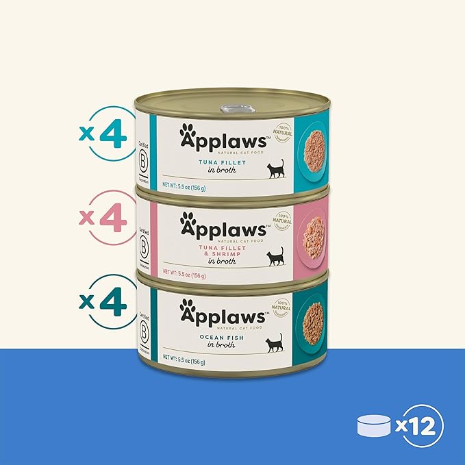 Applaws Natural Wet Cat Food in Broth, Limited and Natural Ingredients, High Protein with No Artificial Additives, Fish Selection Variety Pack in Broth (12 x 5.5oz Cans)