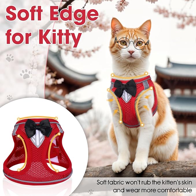 Cat Vest Harness and Leash Set for Walking, Escape Proof, Adjustable Kitten Harness, Breathable Mesh with Reflective Strips, Detective Conan-Inspired Design, Red, XS