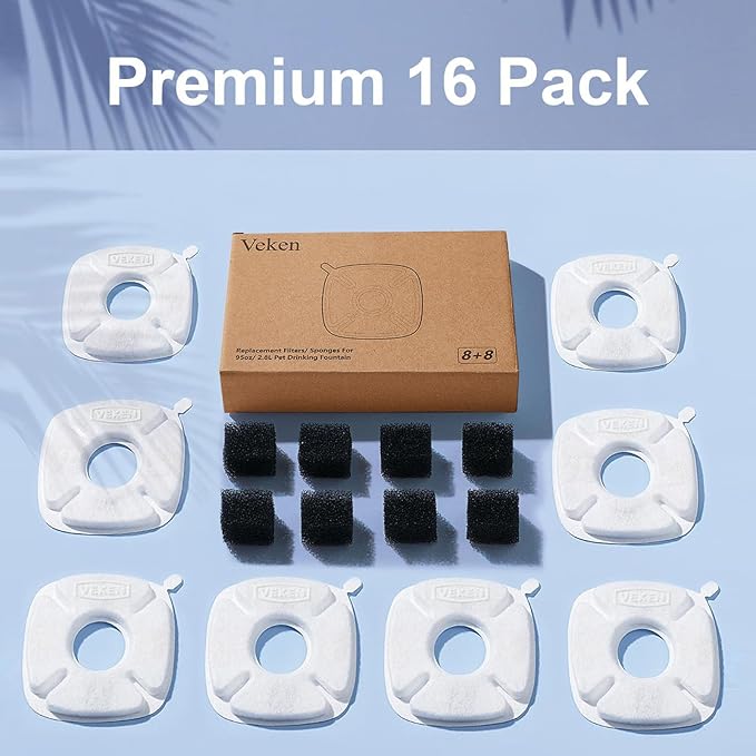 Veken Cat Water Fountain Filter, Classic 8 Pack Replacement Filters & 8 Pack Replacement Pre-Filter Sponges for 50oz, 84oz, 95oz Automatic Pet Fountain Dog Water Dispenser