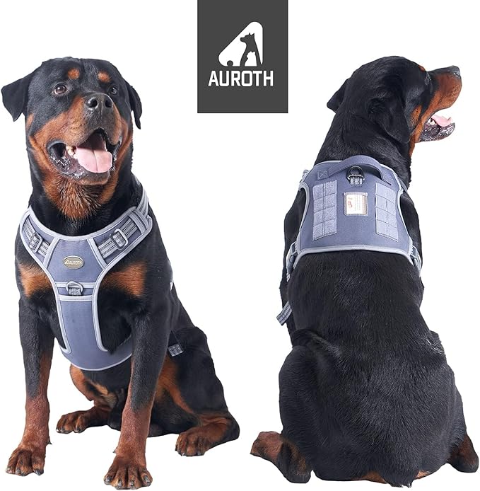 Auroth Tactical Dog Harness for Large Dogs No Pull Adjustable Pet Harness Reflective K9 Working Training Easy Control Pet Vest Military Service Dog Harnesses Grey XL
