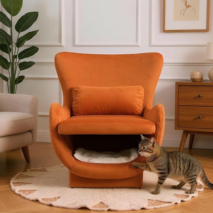 Velvet Chair with Cat Bed for Cats Lover, Pet-Friendly Wing Back Single Sofa with Pet Nest for Living Room, Orange.