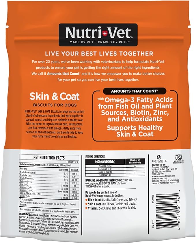 Nutri-Vet Skin & Coat Biscuits for Dogs, Tasty Dog Treat, Skin and Coat Supplement, Omega 3 Fish Oil, Small Sized Biscuit, Made with Omega 3 and Biotin, Fish Oil Treat for Pets, 16 oz(Pack of 2)