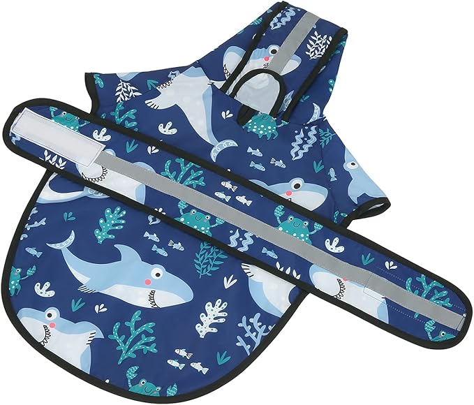 HDE Dog Raincoat Jacket Reflective Adjustable Hooded Pet Poncho Rain Coat with Leash Hole for Small to X-Large Dogs Sharks - S