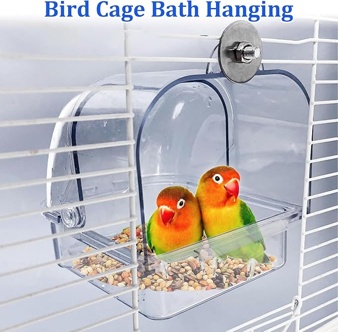 Tfwadmx Bird Cage Bath Hanging Parrot Bath Tub Water Shower Food Feeder Holder Tray Bird Bath Supplies for Small Birds Canary Budgies Cockatiel Lovebirds (Transparent)
