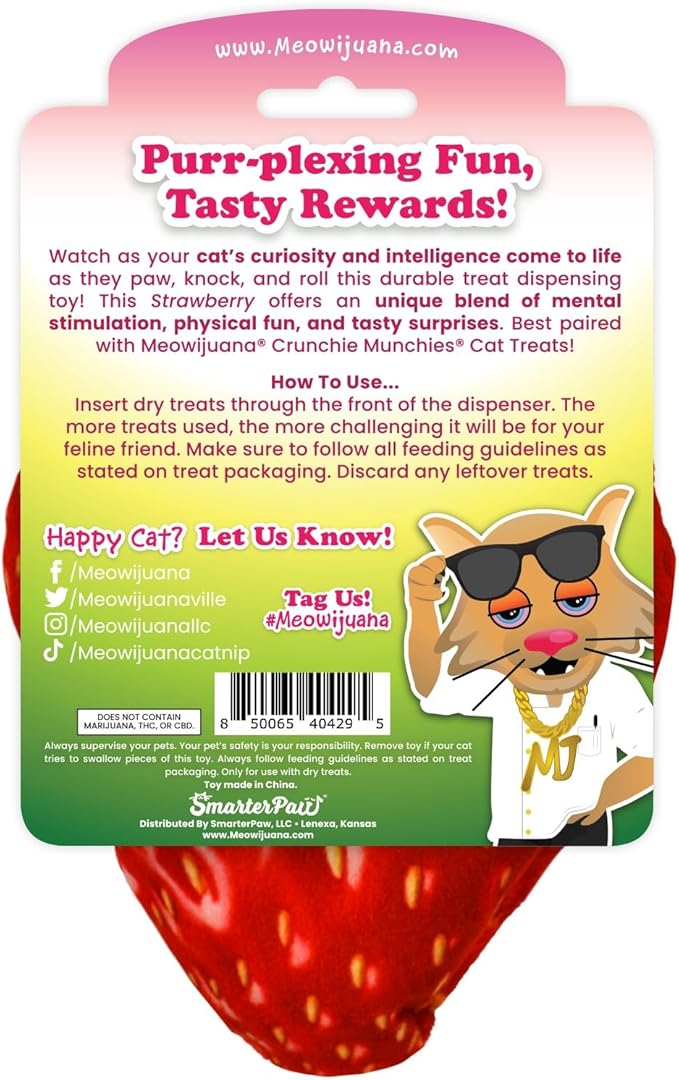 Meowijuana Knock N' Nibble Strawberry | Refillable Treat Dispensing Cat Toy | Promotes Play and Cat Health | Interactive Puzzle Toy for Felines