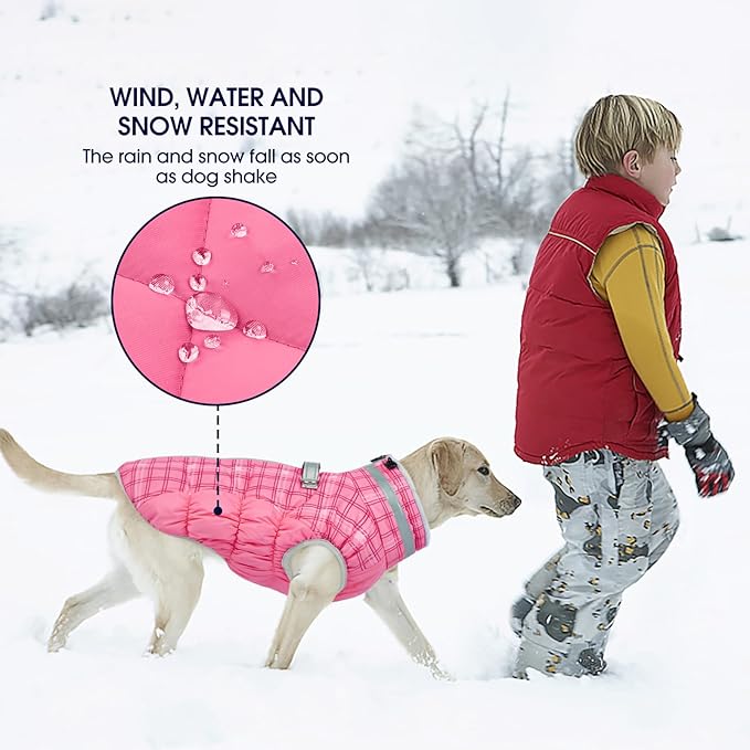 FUAMEY Dog Coat for Medium Dogs,Waterproof Dog Winter Jacket with Harness Built in Puppy Cold Weather Coats Reflective Pet Vest with Zipper Warm Fleece Dogs Snowsuit Windproof Rose Plaid M