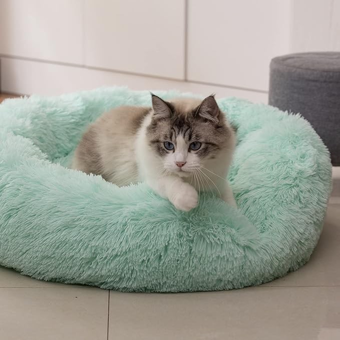 Anti Anxiety Round Fluffy Plush Faux Fur Warm Washable Dog Bed & Cat Bed, Original Bed for Small Medium Large Pets,Used to Relieve Joints and Improve Sleep(20"/24"/27'') (20", Light Green)