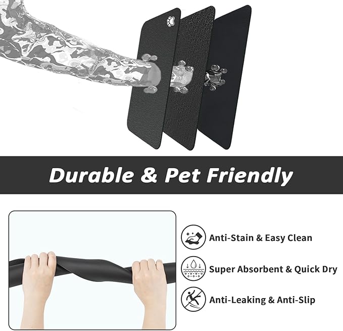 Pet Feeding Mat - Absorbent Dog Mat for Food and Water, No Stains Cat Bowl Mat, Easy to Clean Pet Placemats, Quick Dry Dog Water Dispenser Mat for Messy Drinkers | Paw Black 18"x 28"