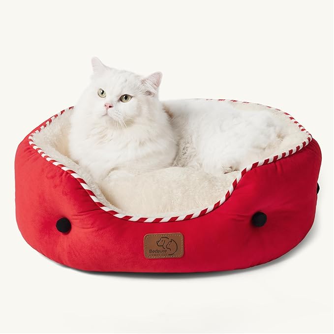 Bedsure Dog Beds for Small Dogs - Round Cat Beds for Indoor Cats, Washable Pet Bed for Puppy and Kitten with Slip-Resistant Bottom, 20 Inches, Savvy Red